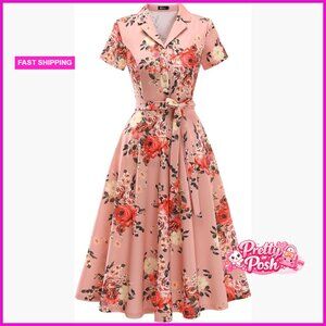 Vintage Tea Dress with Removable Belt, Short Sleeve Cocktail Party Dress
